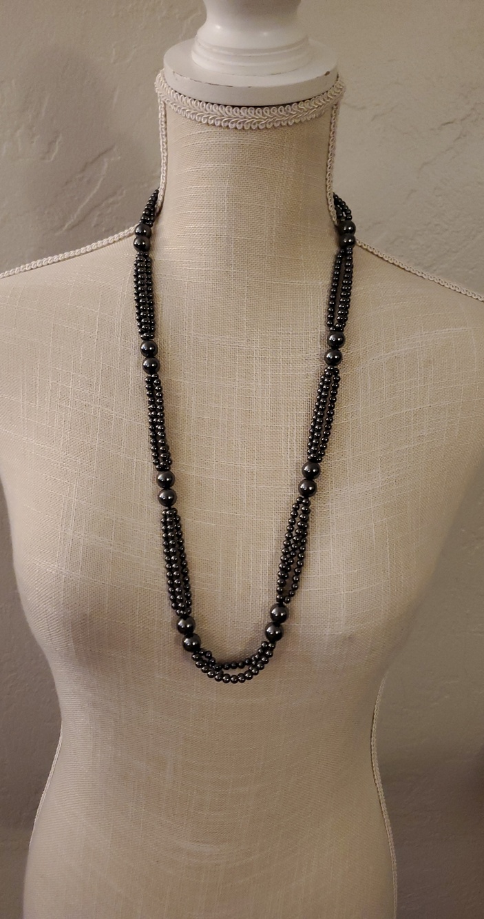 Vintage  Black Hematite Bead Long Necklace